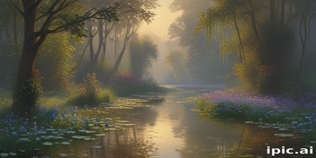 Serene Morning Light Illuminating a Tranquil Forest Stream with Blossoms
