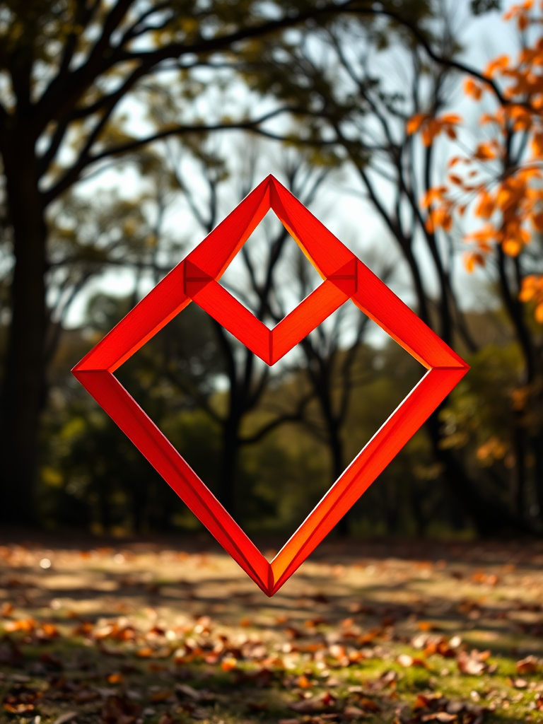Create a geometric heart shape with vibrant orange and red hues, captured with a Canon EOS R5, 50mm lens, f/1.8 aperture, ISO 100, and natural lighting for enhanced color saturation and contrast.