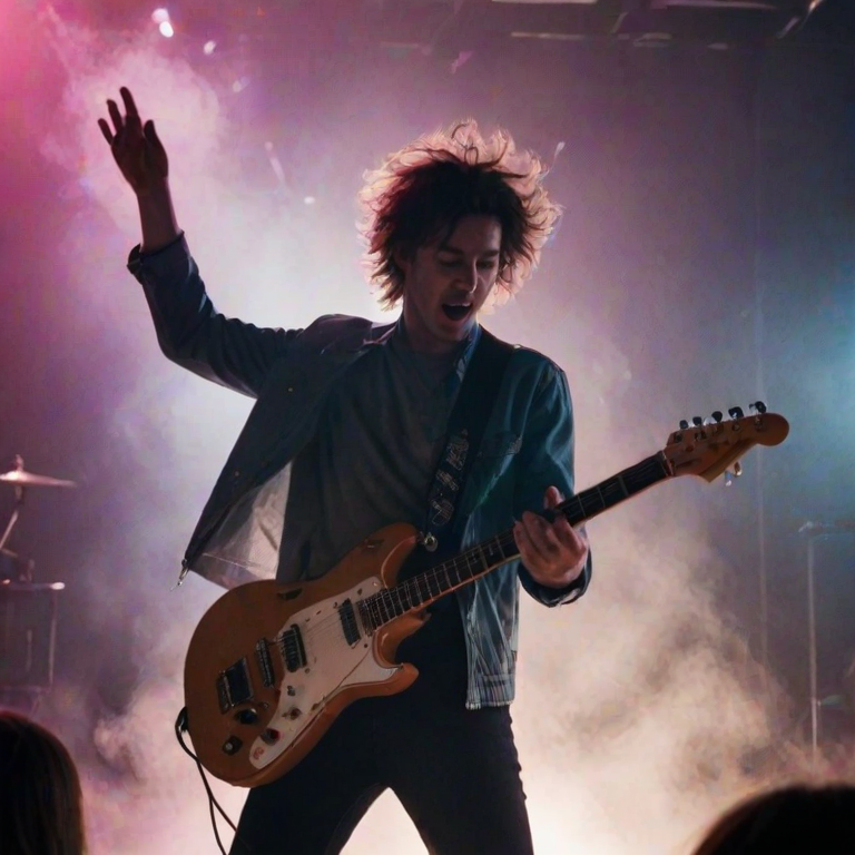 Blurry action shot of a guitarist mid-performance on a smoky stage, neon-colored lights flashing in the background, with faint silhouettes of an excited crowd raising their hands.
