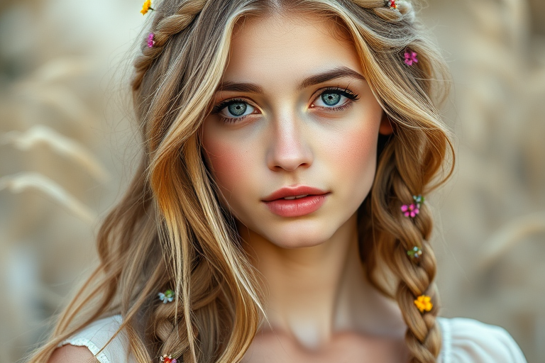 Create an image of a young Druze woman with long, wavy blonde hair, adorned with small, colorful flowers woven into her braids and loose strands. Her complexion is fair, with soft, glowing skin, and she has light blue eyes that gaze softly at the viewer. She wears a light, flowing dress with a gentle, ethereal quality, complementing her delicate and serene appearance. The background is slightly blurred, drawing focus to her tranquil expression and the intricate details of the flowers in her hair. The overall mood of the image is one of natural beauty and grace, evoking a sense of peacefulness and connection with nature.