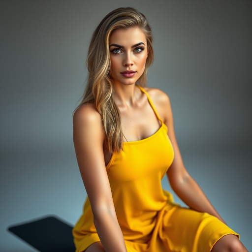 Resplendent photo of woman:caucasian:0.4, highlight hair, wearing Banana dress, sitting on Yoga mat, rim lighting, studio lighting, looking at the camera, dslr, ultra quality, sharp focus, tack sharp, dof, film grain, Fujifilm XT3, crystal clear, 8K UHD, highly detailed glossy eyes, high detailed skin, skin pores