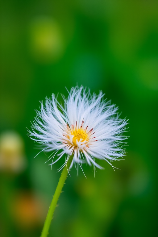 macro shot of a fluffy wildflower with wispy petals on a blurred green background, f/2.8, 1/100s, ISO 200, 100mm lens, taken with a DSLR camera in natural light