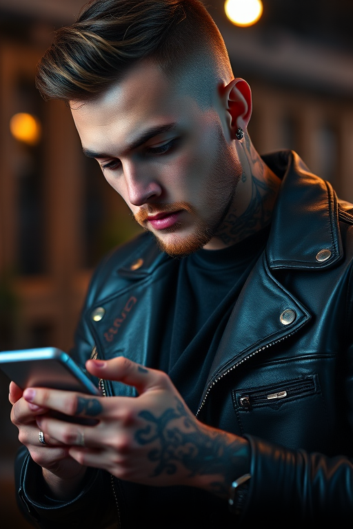 Regenerate a high-resolution image of a young man with tattoos and piercings wearing a leather jacket, focused on his smartphone, taken with a DSLR camera at f/2.8 aperture, 50mm lens, ISO 100, in low light for a cinematic style with a shallow depth of field.