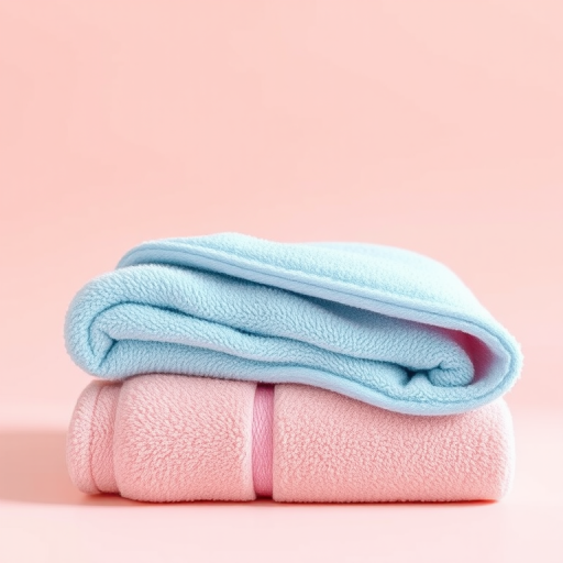 Create a hyper-realistic digital illustration of two overlapping towels, one light blue and one soft pink, with detailed textures, soft lighting, and a smooth gradient background, shot with a DSLR camera at f/2.8, 50mm lens, ISO 100, in natural light for enhanced depth and vibrancy.