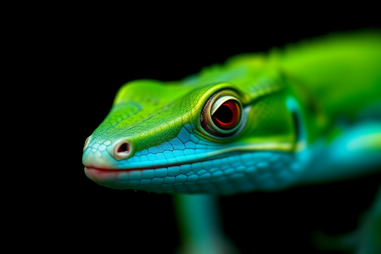 close-up portrait of a vibrant blue and green lizard against a black background, 50mm lens, f/2.8 aperture, ISO 100, 1/200s shutter speed, shallow depth of field, macro photography style, DSLR camera