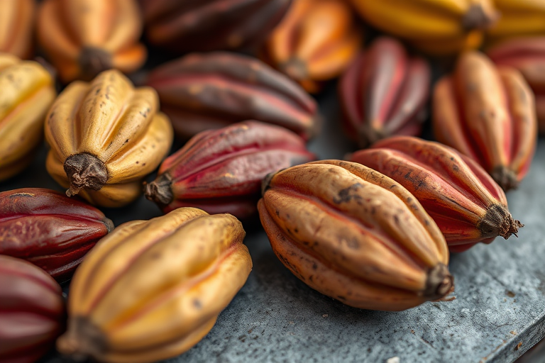 close-up shot of assorted cacao pods on a textured surface, aperture f/2.8, shutter speed 1/60s, ISO 100, macro lens, natural light, DSLR camera, high resolution