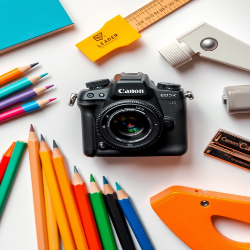 Create a flat lay image of various school supplies including pencils, a pencil sharpener, glue, markers, a ruler, and a stapler, shot in natural light with a Canon EOS R camera at f/4, ISO 100, 1/200s, with a top-down perspective for clarity and color vibrancy.