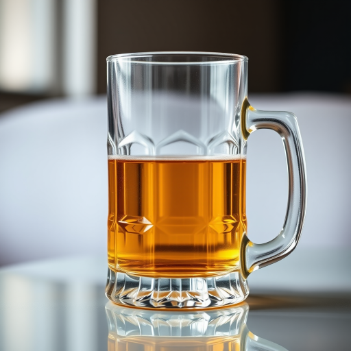 A crystal-clear beer mug placed on a reflective surface, captured with a DSLR camera at f/2.8 aperture, ISO 100, shutter speed 1/125 sec, taken from a 30-degree angle with soft natural lighting for enhanced clarity and detail.