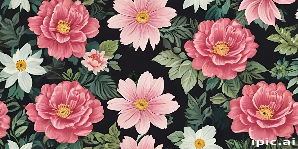 Vibrant Floral Pattern Featuring Pink and White Flowers on Black Background
