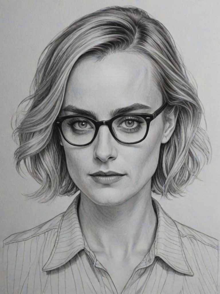 Enticing Taylor Schilling, pencil sketch, portrait of Enchanting woman 1947s in glasses, hair style beatnik, outline, clear lines, fine lines, 8k