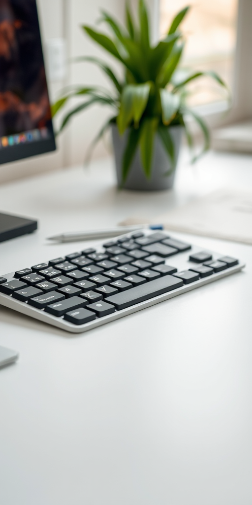Regenerate an image of a computer keyboard placed on a plain background with a shallow depth of field, using a DSLR camera, aperture f/2.8, focal length 50mm, ISO 100, and a soft natural light setup.