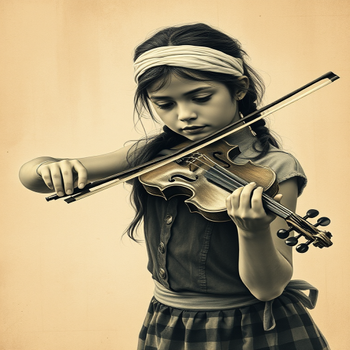 a young M'tis woman with a white headband playing a violin, in the style of a charcoal drawing, sepia grunge background