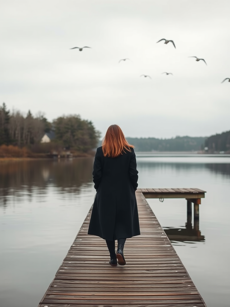 A woman in a long dark coat stands on a wooden pier by a calm lake, with overcast skies and birds flying above, captured with a DSLR camera at f/2.8, ISO 100, 50mm lens, with a slight vignette effect to enhance the mood.