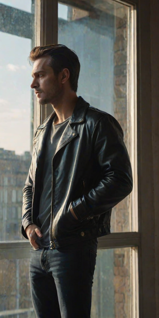 A thoughtful man in a leather jacket leaning against a large window, looking out contemplatively, with soft natural light illuminating the scene.