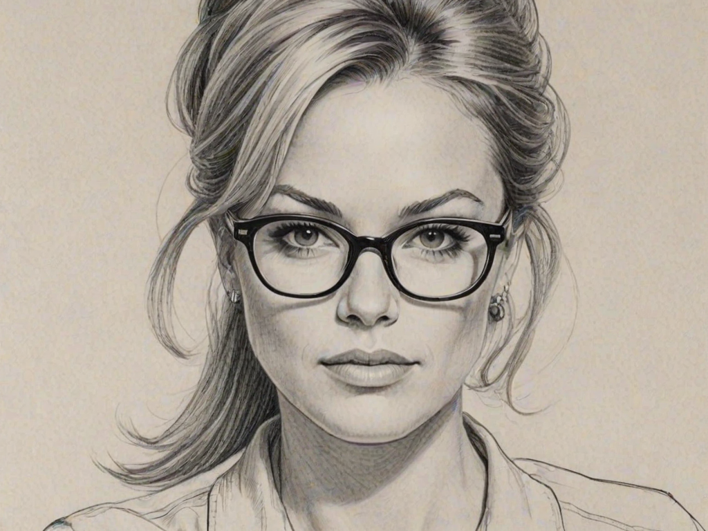 Alluring Andrea Anders, pencil sketch, portrait of Fascinating woman 1963s in glasses, hair style beatnik, outline, clear lines, fine lines, 8k