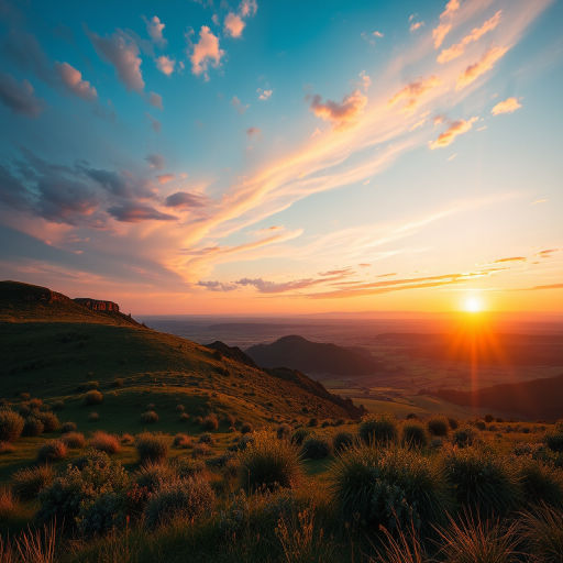 Create a high-resolution image of a scenic landscape at sunset, using a DSLR camera with a 50mm lens, aperture set to f/8, ISO 100, shutter speed 1/100s, in a vibrant color palette, capturing a wide-angle view with rich details and dynamic lighting.