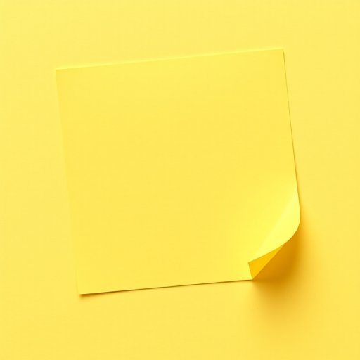 Create a high-resolution image of a simple yellow sticky note with a slightly curled edge in the bottom right corner, shot with a Canon EOS R5 camera, 50mm lens, f/2.8 aperture, ISO 100, natural lighting for even brightness, soft focus background to emphasize the note.
