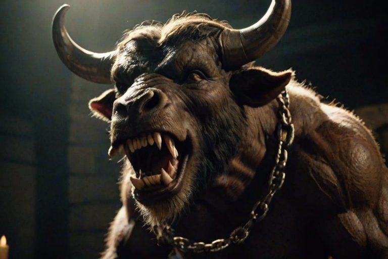 furry, close-up, minotaur, angry, yelling, teeth, chained, dungeon, dark, low light, candles, depth of field, highly detailed, high contrast, film grain, Rim Lighting, Rays of Shimmering Light