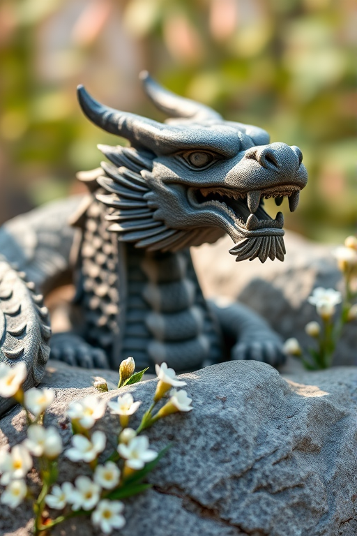 Create a high-resolution image of a carved dragon head emerging from a stone backdrop adorned with delicate white flowers, using a Canon EOS R5 with a 50mm f/1.2 lens, aperture set to f/2.8, ISO 100, shot in natural light with a shallow depth of field for a soft background blur.