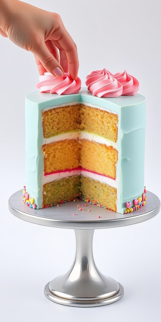 Create an image of a three-layer cake with a light blue frosting and pink frosting swirls on top. The cake is cut to reveal colorful layers inside, decorated with sprinkles and small heart-shaped decorations around the base. A hand is reaching towards the cake, set on a silver cake stand with a clean white background.