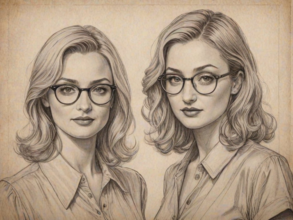 Radiant Aly & AJ, pencil sketch, portrait of Alluring woman 1930s in glasses, hair style beatnik, outline, clear lines, fine lines, 8k