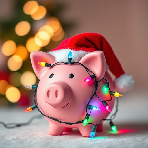 Generate a festive image featuring a pink piggy bank wearing a Santa hat. The piggy bank should be adorned with colorful Christmas lights and set against a soft, blurred background with twinkling holiday lights. The overall mood should be cheerful and whimsical, capturing the spirit of the holiday season.