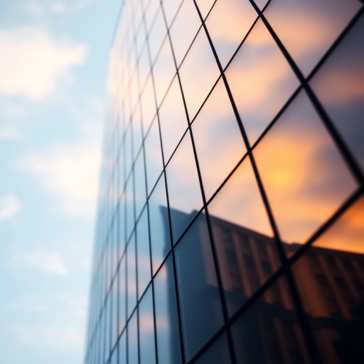 Capture a close-up of a modern building facade reflecting the sky at sunset, focus on the geometric patterns of the glass panels, use a DSLR camera with a 50mm lens, aperture f/2.8, shutter speed 1/200s, ISO 100, natural light for enhanced colors.