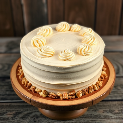 A delicious round cake with a smooth beige frosting decorated with swirls on top and chopped nuts around the base sitting on a wooden cake stand with a rustic background.