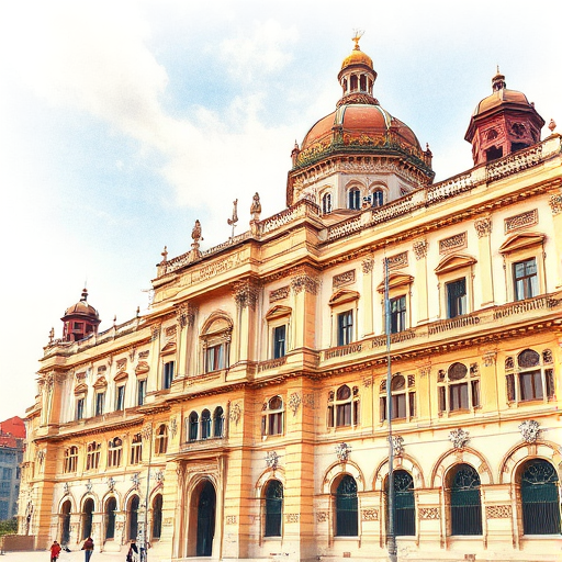 a detailed painting of a historical palace with intricate architecture in warm colors, captured in soft afternoon light, using a Canon EOS 5D Mark IV, 24mm lens, aperture f/8, ISO 100, shot from a low angle for a dramatic perspective, enhance the watercolor effect with vibrant details and clear sky in the background