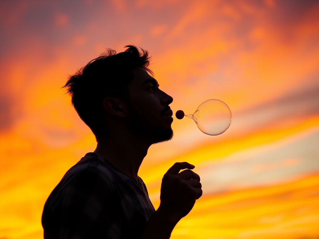 silhouette of a man blowing bubbles against a colorful sunset sky, ISO 100, f/2.8, 1/200s, 50mm lens, wide-angle view, DSLR camera, bright colors, high contrast, sharp details