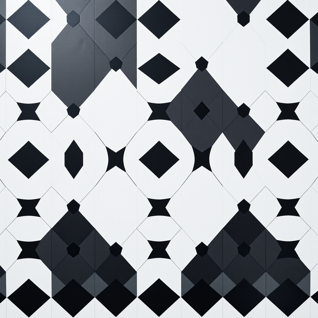 create a high-resolution geometric pattern featuring alternating black and white diamond shapes arranged in a grid, focus on symmetry and contrast, taken with a Canon EOS R5 at f/8, ISO 200, 50mm lens, top-down view with soft lighting for even exposure