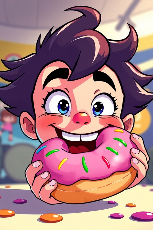 Create a vibrant illustration of a cartoon character with exaggerated features joyfully biting into a colorful donut, captured from a low-angle perspective, using a digital art style with high resolution, and utilize a 50mm lens setting for sharp detail and vivid colors.