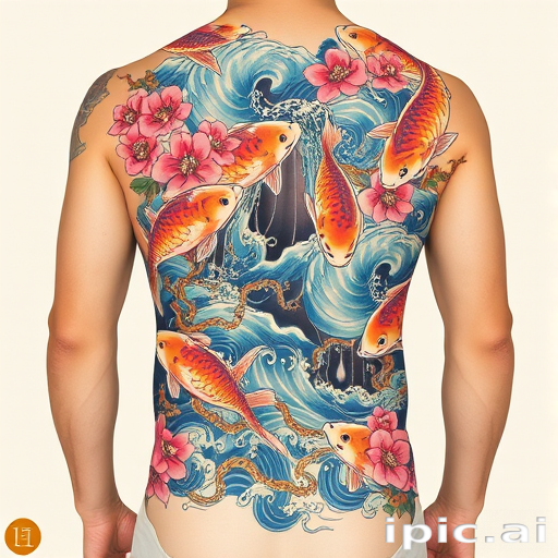 Japanese-inspired irezumi tattoo titled "Koi Cascade" featuring a large-scale full-body design of swirling water koi fish and cherry blossoms in vibrant traditional colors
