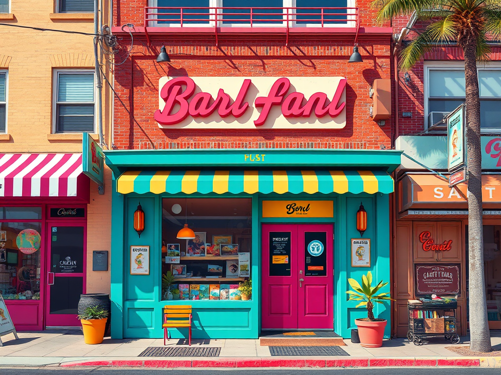 create a vibrant digital illustration of a colorful urban storefront with a playful retro aesthetic, daytime scene with soft shadows, high contrast colors, using a Canon EOS R5 with a 24-70mm lens, aperture f/4, ISO 100, and a wide-angle view to capture the entire scene