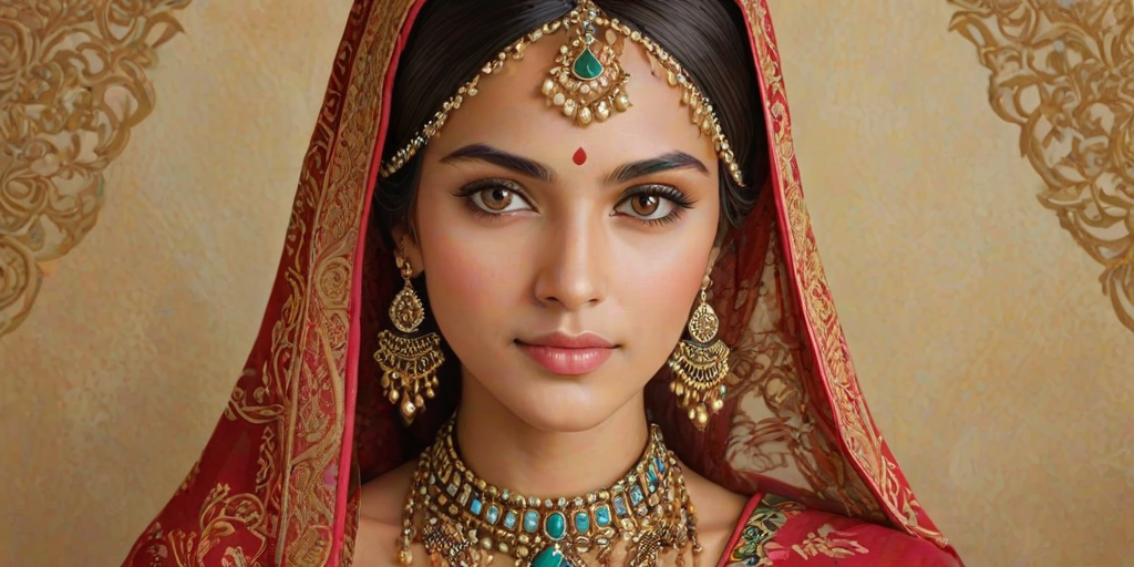 Create a portrait of a beautiful woman with striking hazel eyes and a gentle expression. She is adorned in traditional attire with intricate patterns, including a richly embroidered headscarf and matching garments. Her jewelry includes a delicate headpiece, dangling earrings, and ornate bracelets, all featuring vibrant gemstones and detailed metalwork. The background is soft and warm, enhancing the rich colors of her outfit and jewelry.