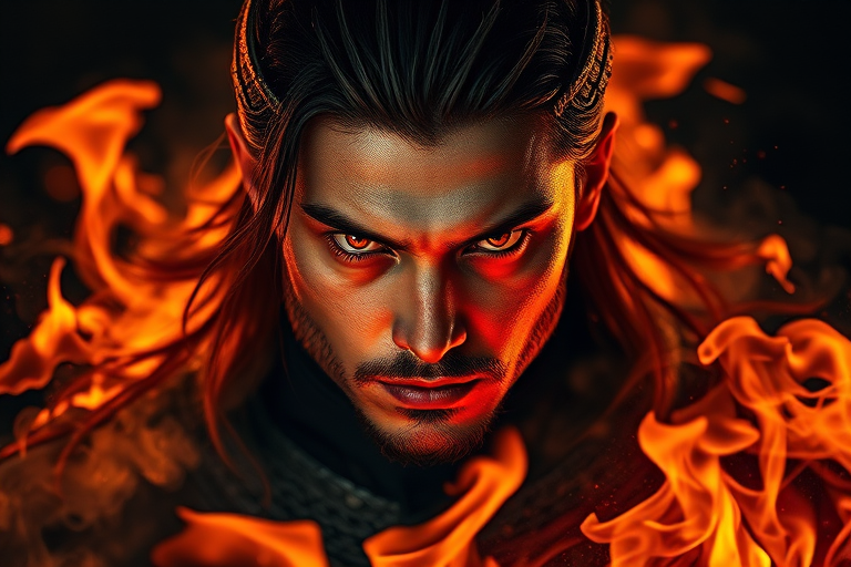 Create a dramatic portrait of a warrior with fiery eyes, surrounded by swirling flames and smoke, using a DSLR camera with a 50mm lens, aperture f/1.8, shutter speed 1/200s, ISO 100, in low light conditions for enhanced contrast and details.