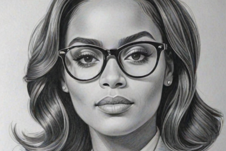 Elegant Lauren London, pencil sketch, portrait of Wonderful woman 1935s in glasses, hair style beatnik, outline, clear lines, fine lines, 8k