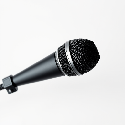 Create a high-resolution image of a microphone on a plain white background, using a Canon EOS R5 with a 50mm lens, aperture f/2.8, ISO 100, and a slight overhead angle to enhance detail and clarity.