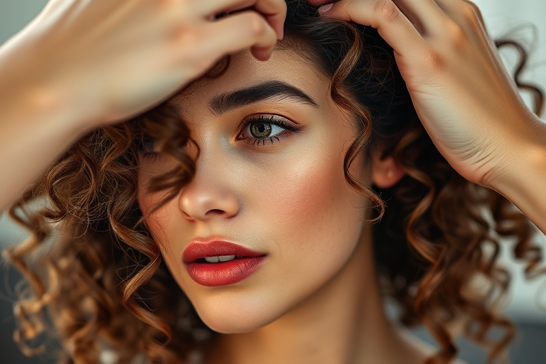 Close-up of a woman with curly hair being styled, natural light, 50mm lens, f/1.8 aperture, ISO 200, captured with a DSLR camera in portrait mode.
