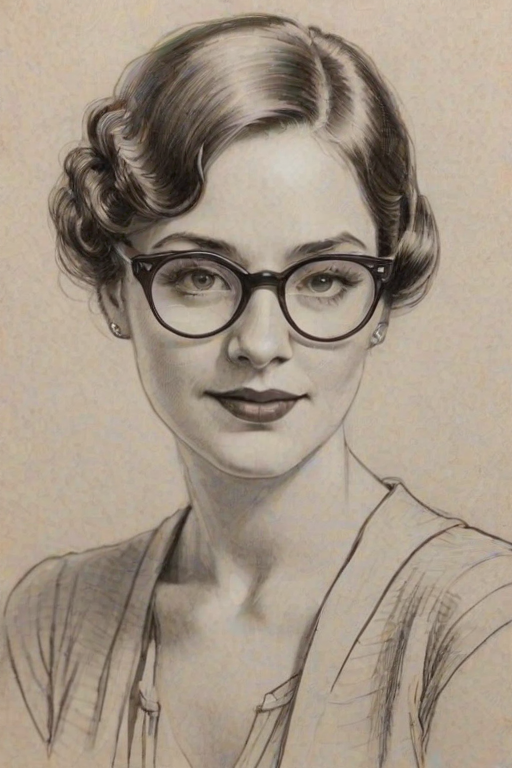 Radiant Hattie Winston, pencil sketch, portrait of Splendid woman 1920s in glasses, hair style beatnik, outline, clear lines, fine lines, 8k