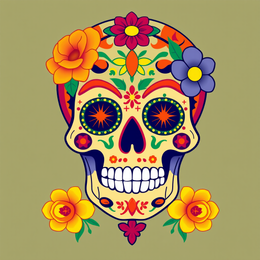 colorful sugar skull design, vibrant colors with floral accents, digital illustration, high resolution, 50mm lens, f/2.8 aperture, ISO 100, soft natural lighting, frontal view