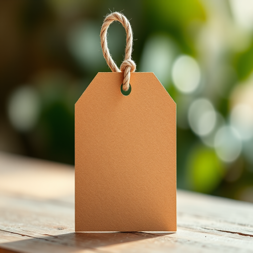 Create a high-resolution image of a blank beige tag with a rope loop at the top, using a DSLR camera set to f/2.8 aperture, 50mm lens, ISO 100, natural lighting, and a soft focus background for an artistic effect.
