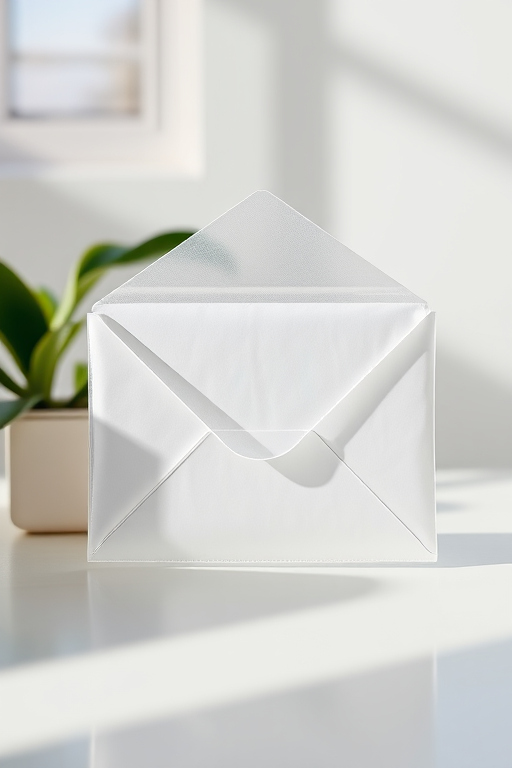 Create a high-resolution image of a semi-transparent envelope with a clean, minimalist design, using a DSLR camera at f/2.8 aperture, ISO 100, 50mm lens, with a soft focus background and natural daylight for optimal lighting.