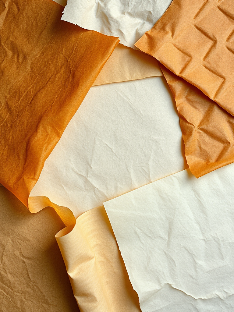 Create a high-resolution image of various textured and patterned parchment sheets arranged artistically, using a Canon EOS R5 camera, f/8 aperture, 50mm lens, ISO 100, natural light for enhanced color vibrancy, top-down view, and using a slight vignette to focus on the textures.