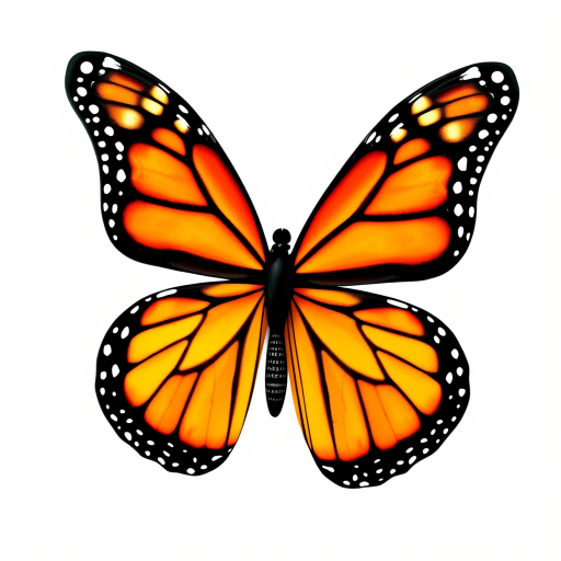 Generate an image of a monarch butterfly with vibrant orange and black wings. The butterfly should be displayed with its wings fully spread, showcasing its detailed patterns and markings. The background should be plain white to emphasize the colors of the butterfly.
