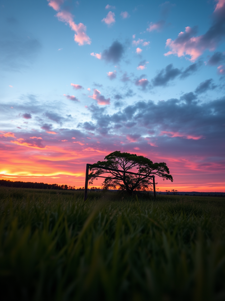 Capture a high-resolution image of a serene landscape at sunset, using a Canon EOS R5 with a 24-70mm f/2.8 lens, aperture set to f/8, ISO 100, and a shutter speed of 1/125s, from a low angle to emphasize the foreground and create a dramatic sky with vibrant colors.