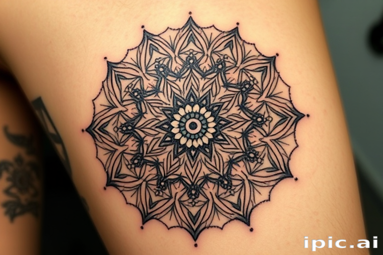 Mandala tattoo incorporating sacred geometry patterns and spiritual symbols, intricate dotwork and fine lines, radial symmetry with gradient shading, mesmerizing optical illusion effect