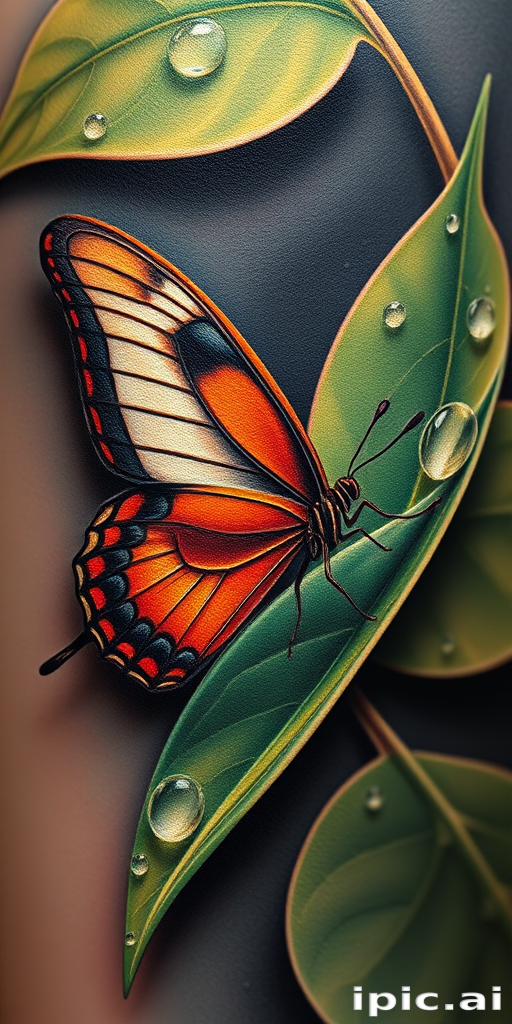 Hyperrealistic 3D tattoo depicting a lifelike butterfly perched on a dewdrop-covered leaf, photorealistic details and textures, trompe l'oeil effect creating an optical illusion