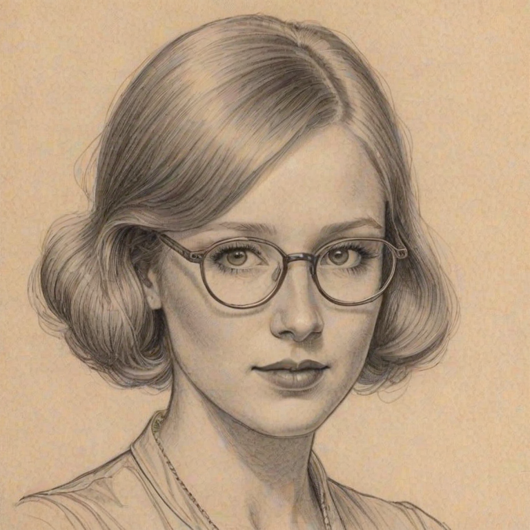 Charming Molly C. Quinn, pencil sketch, portrait of Magnificent woman 1925s in glasses, hair style beatnik, outline, clear lines, fine lines, 8k