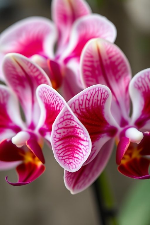High-resolution macro shot of three vibrant orchids with rich maroon and white petals, soft natural lighting, f-stop 2.8 for shallow depth of field, ISO 100, 1/200 sec shutter speed, taken with a Canon EOS 5D Mark IV, using a 100mm macro lens.